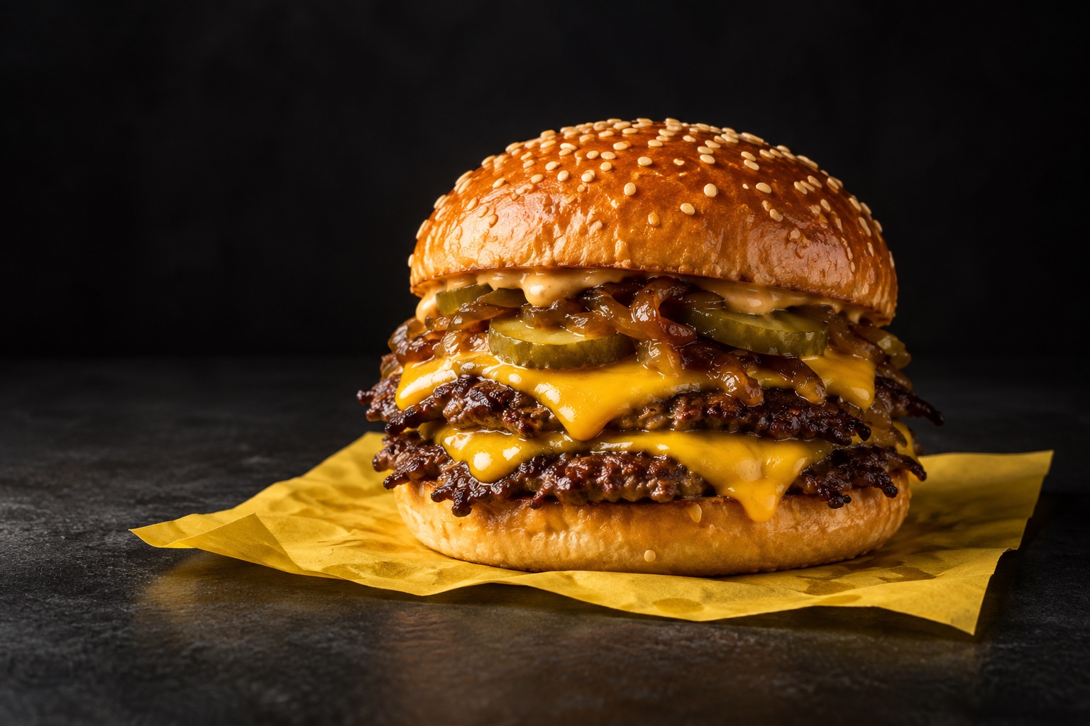 Ilustračný double smash burger s roztopeným syrom a chrumkavými okrajmi